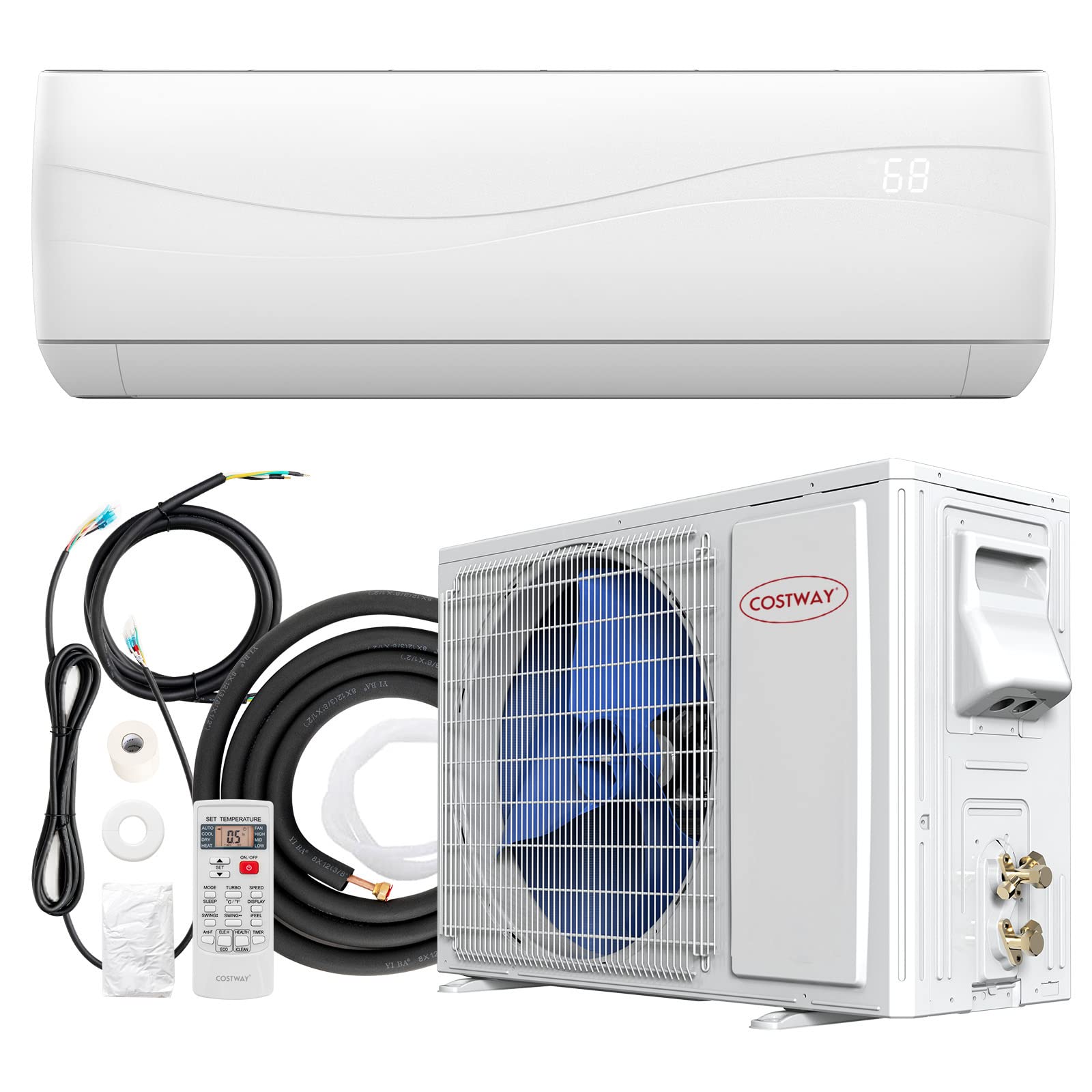 Costway 24000Btu Mini Split Air Conditioner& Heater,18.5 Seer2 208 230V Wall Mounted Ductless Ac Unit Cools Rooms Up To 1500 Sq. Ft, Energy Efficient Inverter Ac W/Heat Pump (Blast Series)